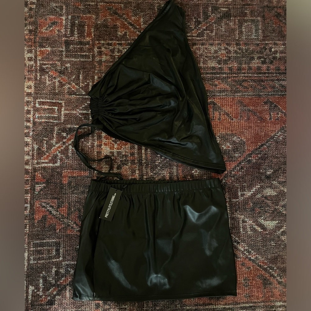 Pretty Little Thing Black Pleather Ruched Asymmetric One Shoulder Top and Skirt